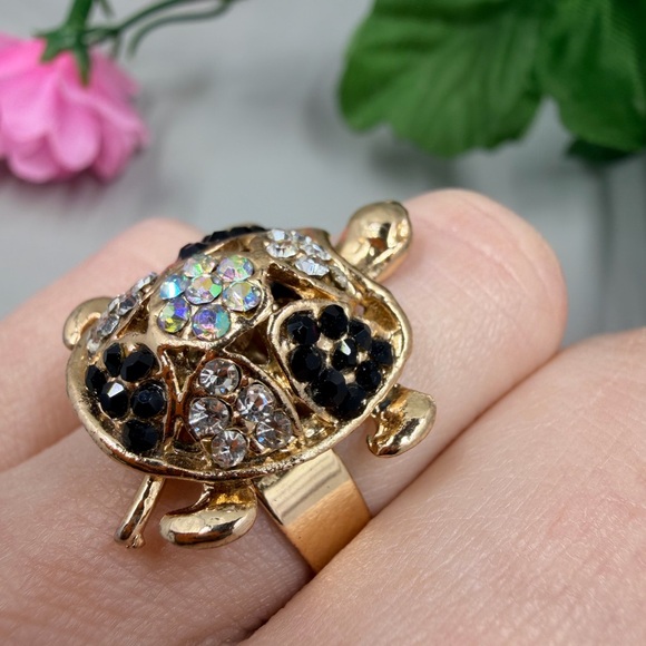 Gold Turtle Cocktail Ring with Black and Clear Crystals with Aurora Borealis - Picture 5 of 7